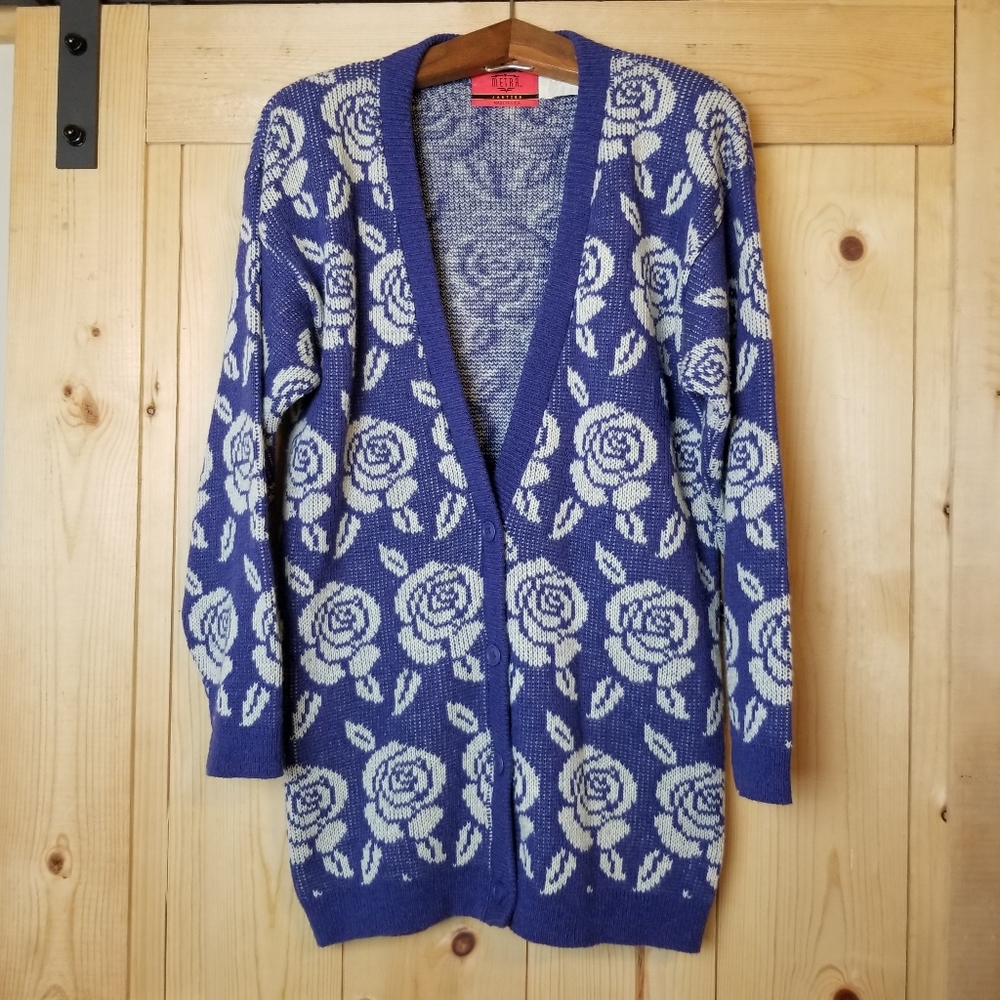 Metra Jantzen Vintage Blue Floral Cottagecore Long Button Up Cardigan Sw…
